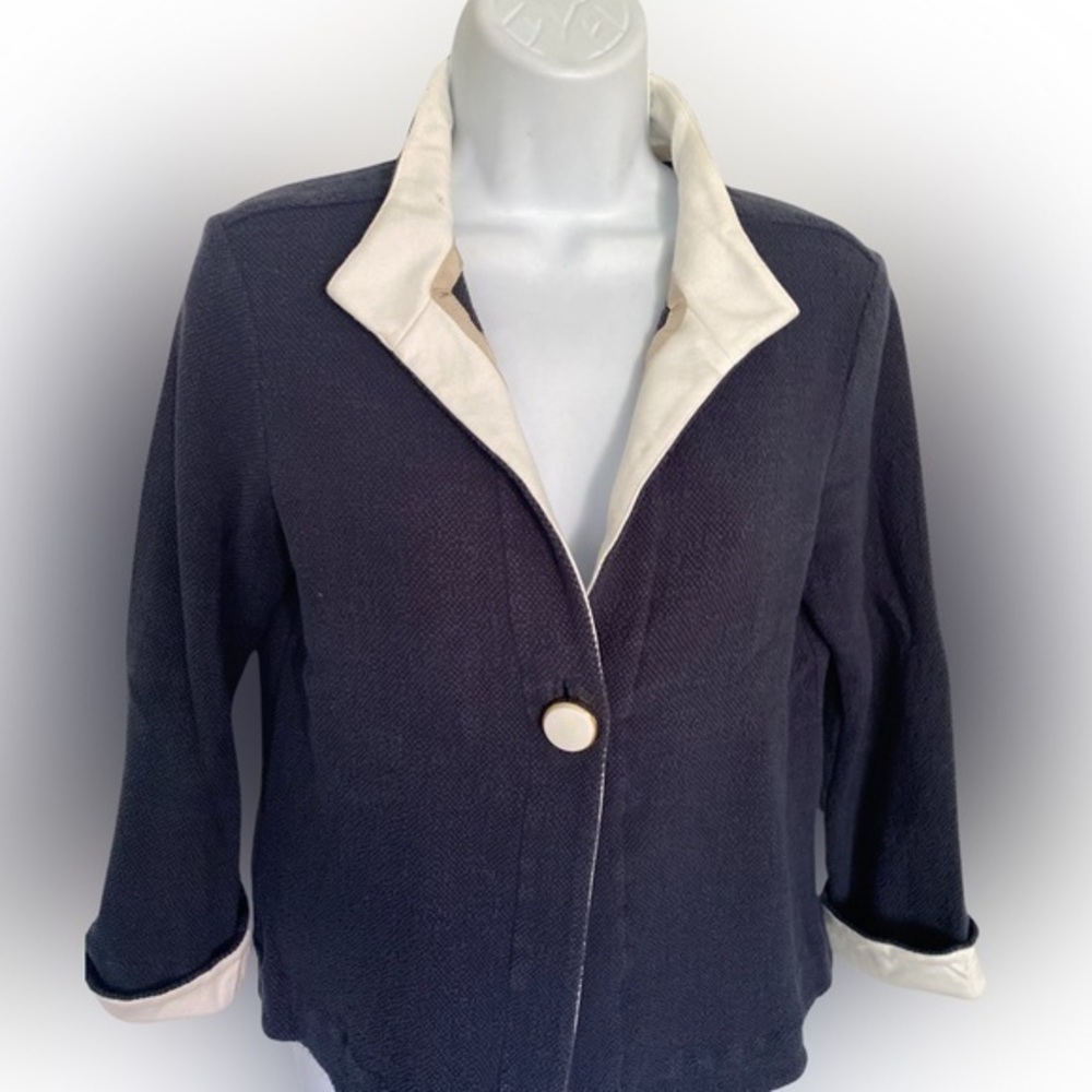 Sara Campbell Knit Blazer - 8 navy , white tan detail , cotton spandex